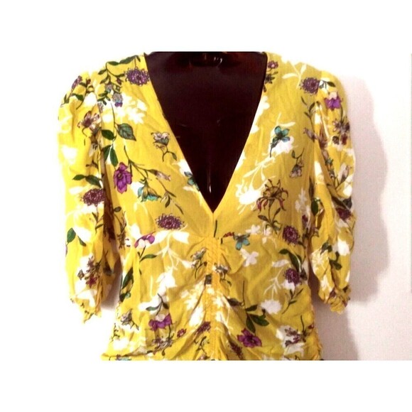 Skylar + Madison Dress Size Med Yellow Floral Sunshine Days V Neck Ruched Front - Picture 3 of 6